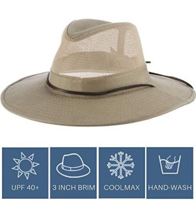 Sun Hats Men's Brushed Twill-and-Mesh Safari Hat with Genuine Leather Trim - Khaki - C5113QK69GH $28.75