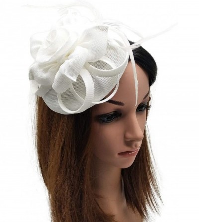 Berets Womens Fascinator Hat Sinamay Pillbox Flower Feather Tea Party Derby Wedding Headwear - White - CU18N0QERE5 $10.35