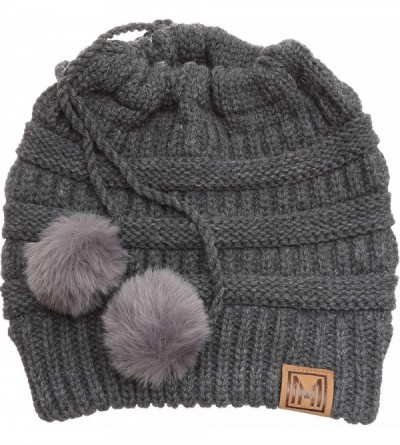 Skullies & Beanies Women's Ponytail Messy Bun Beanie Ribbed Knit Hat Cap with Adjustable Pom Pom String - Charcoal - CI18H4HK...