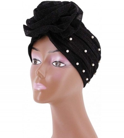 Skullies & Beanies African Printing Turban Cap Hairwrap Headwear Sleep Chemo Bonnet Hat Beanie for Women - Black Shiny Turban...