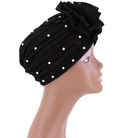 Skullies & Beanies African Printing Turban Cap Hairwrap Headwear Sleep Chemo Bonnet Hat Beanie for Women - Black Shiny Turban...
