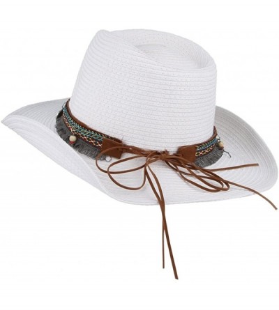 Cowboy Hats Men Women Woven Straw Cowboy Hat National Wind Jazz Hat Cap - White - C5182EQA5CA $11.00