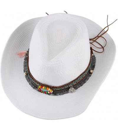 Cowboy Hats Men Women Woven Straw Cowboy Hat National Wind Jazz Hat Cap - White - C5182EQA5CA $11.00